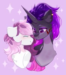Size: 831x946 | Tagged: safe, artist:cofiiclouds, imported from derpibooru, oc, oc only, pegasus, unicorn, blushing, couple, ear piercing, earring, eyes closed, female, horn, jewelry, lesbian, looking at each other, looking at someone, multicolored hair, pegasus oc, piercing, scar, unicorn oc, wings