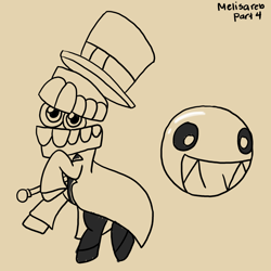 Size: 1500x1500 | Tagged: safe, artist:melisareb, imported from derpibooru, pony, brown background, bubble, caine (tadc), cane, crossover, duo, eyeball, hat, lineart, male, ponified, sharp teeth, simple background, teeth, the amazing digital circus, top hat