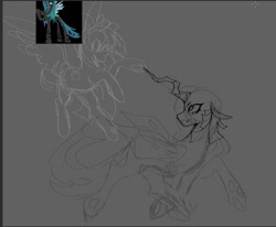 Size: 909x749 | Tagged: safe, artist:clowncarpal, imported from derpibooru, queen chrysalis, alicorn, changeling, changeling queen, duo, female, gray background, mare, monochrome, simple background, sketch, wip