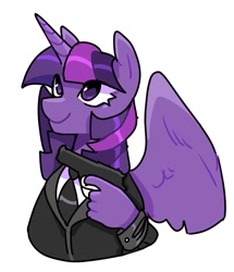 Size: 913x1060 | Tagged: safe, artist:clowncarpal, imported from derpibooru, twilight sparkle, alicorn, pony, clothes, female, gun, handgun, mare, necktie, pistol, simple background, suddenly hands, suit, twilight sparkle (alicorn), weapon, white background