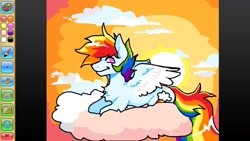 Size: 1191x670 | Tagged: safe, artist:clowncarpal, imported from derpibooru, rainbow dash, pegasus, pony, animal jam, chest fluff, cloud, colored wings, colored wingtips, female, lying down, mare, on a cloud, prone, solo, sun, wings