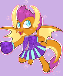 Size: 387x466 | Tagged: safe, artist:crystalizedjellyfish, imported from derpibooru, smolder, dragon, cheerleader, cheerleader outfit, cheerleader smolder, clothes, cute, dragoness, female, open mouth, pom pom, purple background, simple background, smolderbetes, solo, wings