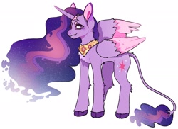 Size: 2048x1492 | Tagged: safe, artist:clowncarpal, imported from derpibooru, twilight sparkle, alicorn, alternate design, chest fluff, cloven hooves, colored wings, colored wingtips, concave belly, ethereal mane, ethereal tail, female, fluffy, g4, leg fluff, leonine tail, mare, peytral, simple background, snaggletooth, solo, tail, twilight sparkle (alicorn), two toned wings, unshorn fetlocks, white background, wing fluff, wings