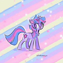 Size: 1339x1339 | Tagged: safe, artist:flutterberrypie, imported from derpibooru, twilight sparkle, pony, unicorn, chest fluff, female, mare, no pupils, open mouth, open smile, rainbow background, signature, smiling, solo, sparkles, unicorn twilight