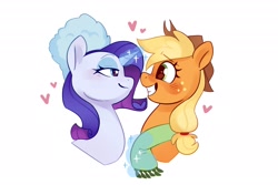 Size: 2048x1365 | Tagged: safe, artist:anotherdeadrat, imported from derpibooru, applejack, rarity, earth pony, pony, unicorn, applejack's hat, bust, clothes, cowboy hat, duo, female, hat, heart, lesbian, looking at each other, looking at someone, magic, magic aura, scarf, ship:rarijack, shipping, simple background, white background