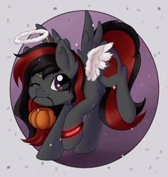 Size: 1306x1369 | Tagged: safe, artist:maravor, imported from derpibooru, angel wings, oc, oc only, oc:se solar eclipse, pegasus, pony, angel, basket, circle background, clothes, costume, cute, female, halloween, halloween 2023, halloween costume, halo, happy, holiday, looking at you, mare, one eye closed, one eye open, pegasus oc, pony oc, profile picture, raised hoof, raised tail, simple background, smiling, smiling at you, solo, solo female, sparkles, spread wings, tail, watch, white background, wings, wristwatch