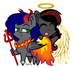 Size: 2360x2159 | Tagged: safe, artist:magpie-pony, imported from derpibooru, angel wings, oc, oc only, oc:mb midnight breeze, oc:se solar eclipse, demon, pony, angel, bat wings, cape, clothes, costume, couple, duo, duo focus, duo male and female, female, fire, halloween, halloween 2023, halloween costume, halo, happy, holding, holiday, horns, in love, jewelry, love, male, necklace, open mouth, pony oc, raised hoof, simple background, smiling, together, together forever, transparent background, trident, watch, wings, wristwatch