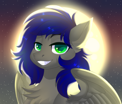 Size: 3500x3000 | Tagged: safe, artist:xvostik, imported from derpibooru, oc, oc only, oc:mb midnight breeze, pegasus, pony, chest fluff, commission, fangs, fluffy, full moon, grin, halloween, halloween 2023, holiday, looking at you, male, moon, night, nightmare night, pegasus oc, pony oc, smiling, smirk, solo, solo focus, solo male, spread wings, stars, wings, ych result