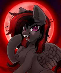 Size: 3800x4500 | Tagged: source needed, safe, artist:konejo, imported from derpibooru, oc, oc only, oc:se solar eclipse, bat, pegasus, pony, blood moon, chest fluff, cute, ear fluff, evil, evil grin, fangs, female, fluffy, full moon, grin, halloween, halloween 2023, holiday, mare, moon, night, nightmare night, open mouth, pegasus oc, pony oc, raised hoof, red background, simple background, smiling, solo, solo female, solo focus, spread wings, wings