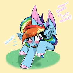 Size: 2000x2000 | Tagged: safe, artist:jubyskylines, imported from derpibooru, rainbow dash, pegasus, pony, blushing, colored hooves, colored wings, colored wingtips, dialogue, female, mare, solo, wings