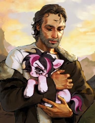 Size: 1580x2048 | Tagged: safe, artist:p0nyplanet, imported from derpibooru, oc, oc only, oc:oopsie doodle, pegasus, pony, clothes, crossover, duo, female, holding a pony, jacket, male, mare, meme, rick grimes, the walking dead