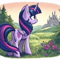 Size: 1024x1024 | Tagged: safe, artist:evergreenpinewood, imported from derpibooru, twilight sparkle, alicorn, ai content, castle, flower, grass, pine tree, scenery, solo, tree, twilight sparkle (alicorn)