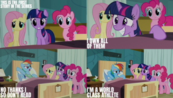 Size: 2000x1125 | Tagged: safe, edit, edited screencap, editor:quoterific, imported from derpibooru, screencap, fluttershy, pinkie pie, rainbow dash, twilight sparkle, earth pony, pegasus, pony, unicorn, read it and weep, lying down, on back, unicorn twilight