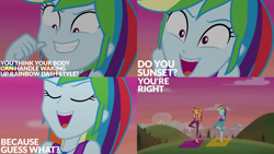 Size: 2000x1125 | Tagged: safe, edit, edited screencap, editor:quoterific, imported from derpibooru, screencap, rainbow dash, sunset shimmer, equestria girls, equestria girls series, wake up!, spoiler:eqg series (season 2)