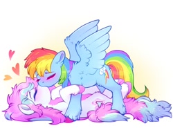 Size: 1046x773 | Tagged: safe, artist:sekuponi, imported from derpibooru, rainbow dash, oc, earth pony, pegasus, pony, blushing, canon x oc, chest fluff, duo, female, kissing, lesbian, mare, spread wings, unshorn fetlocks, wings