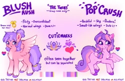 Size: 1401x911 | Tagged: safe, artist:sekuponi, imported from derpibooru, oc, oc only, oc:blush rush, oc:pop crush, pegasus, pony, braid, chest fluff, ear fluff, female, mare, ponytail, pride flag, reference sheet, unshorn fetlocks, wing fluff, wings