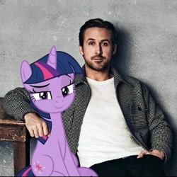 Size: 720x719 | Tagged: source needed, safe, imported from derpibooru, twilight sparkle, human, unicorn, eyebrows, female, mare, meme, raised eyebrow, ryan gosling, sitting, smiling, smug, table, unicorn twilight