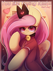 Size: 2050x2750 | Tagged: safe, artist:miryelis, imported from derpibooru, fluttershy, pegasus, pony, bell, big ears, clothes, crossover, crown, cult of the lamb, cute, female, g4, heart, jewelry, long hair, looking at you, mare, red eyes, regalia, shyabetes, smiling, solo, text