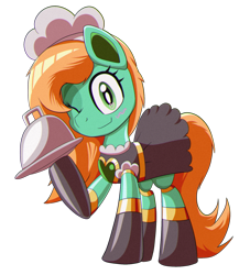Size: 1500x1650 | Tagged: safe, imported from derpibooru, oc, oc:goldheart, pony, robot, robot pony, derpibooru community collaboration, 2024 community collab, clothes, female, maid, mare, plate, simple background, solo, transparent background