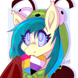 Size: 2000x2000 | Tagged: safe, artist:lionbun, imported from derpibooru, oc, bat pony, bat pony oc, bat wings, bust, clothes, commission, cute, female, hoodie, hypnosis, hypnotized, mare, portrait, pride flag, swirly eyes, wings