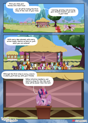 Size: 1800x2520 | Tagged: safe, artist:parrpitched, imported from derpibooru, apple bloom, apple bytes, aquamarine, chipcutter, gallop j. fry, kettle corn, rumble, scootaloo, silver spoon, snips, sweetie belle, tender taps, twilight sparkle, alicorn, earth pony, pegasus, pony, unicorn, comic:the special talent initiative, comic, cutie mark crusaders, train, train station, train tracks, tree, twilight sparkle (alicorn), wings