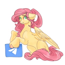 Size: 1024x1024 | Tagged: safe, artist:sorninay, imported from derpibooru, fluttershy, pegasus, pony, concave belly, ear fluff, female, floppy ears, hoof fluff, logo, mare, partially open wings, simple background, solo, telegram, white background, wings