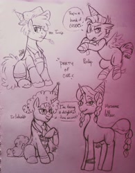 Size: 3071x3935 | Tagged: safe, artist:dsstoner, imported from ponybooru, madame leflour, mr. turnip, rocky, sir lintsalot, earth pony, pegasus, pony, unicorn, party of one, clothes, female, male, mare, ponified, species swap, stallion, traditional art