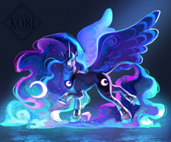 Size: 1800x1500 | Tagged: safe, artist:kori-z, imported from derpibooru, princess luna, alicorn, pony, bracer, chest fluff, female, jewelry, mare, peytral, raised hoof, regalia, solo, spread wings, wings