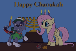 Size: 2609x1750 | Tagged: safe, artist:amelia, imported from derpibooru, fluttershy, pegasus, chanukah, dreidel, g4, hanukkah, judaism, menorah, paw patrol, rocky (paw patrol)