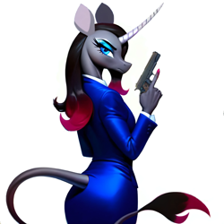 Size: 3072x3072 | Tagged: safe, imported from derpibooru, them's fightin' herds, ai content, ai generated, blue eyes, clothes, community related, formal wear, generator:purplesmart.ai, generator:stable diffusion, gun, handgun, james bond, leonine tail, m1911, oleander (tfh), pistol, simple background, solo, spy, suit, tail, trigger discipline, weapon, white background