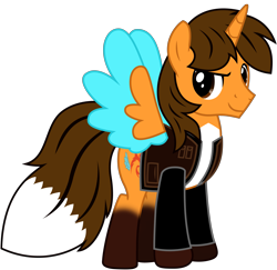 Size: 6187x6013 | Tagged: safe, artist:ejlightning007arts, imported from derpibooru, oc, oc only, oc:ej, alicorn, fox, fox pony, hybrid, pony, derpibooru community collaboration, 2024 community collab, alicorn oc, clothes, coat markings, colored wings, confident, horn, hybrid oc, jacket, male, simple background, socks (coat markings), solo, spread wings, stallion, transparent background, vector, wings