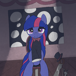 Size: 1203x1203 | Tagged: safe, artist:castafae, imported from derpibooru, oc, oc only, oc:twilit starsky, earth pony, pony, bootleg, bowtie, clothes, female, lidded eyes, long mane, long tail, looking at you, magician outfit, mare, sitting, smiling, solo, tail