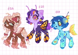 Size: 2048x1450 | Tagged: safe, artist:p0nyplanet, imported from derpibooru, oc, oc only, butterfly, butterfly pony, fish, hybrid, merpony, pegasus, pony, robot, robot pony, abstract background, adoptable, antennae, braid, butterfly wings, choker, female, fish tank, flower, flower in hair, headphones, mare, one eye closed, trio, unshorn fetlocks, wings, wink