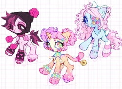 Size: 2048x1494 | Tagged: safe, artist:p0nyplanet, imported from derpibooru, oc, oc only, doll pony, original species, pegasus, pony, unicorn, adoptable, bow, button eyes, clothes, clown, clown nose, doll, female, hair bow, leg warmers, mare, red nose, stitched body, stitches, tail, tail bow, toy, trio, unshorn fetlocks