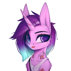 Size: 2398x2398 | Tagged: safe, artist:justafallingstar, imported from derpibooru, starlight glimmer, pony, semi-anthro, unicorn, bust, clothes, collaboration, collaboration:choose your starlight, collarbone, cyberpunk 2077, female, lipstick, looking at you, mare, ponified, portrait, simple background, solo, sternocleidomastoid, tattoo, transparent background