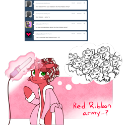 Size: 1280x1272 | Tagged: safe, artist:redintravenous, imported from derpibooru, oc, oc:red ribbon, pony, unicorn, alternate hairstyle, ask red ribbon, female, hair curlers, magic, mare, solo, thought bubble