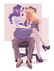 Size: 1077x1423 | Tagged: safe, artist:irisikiki, imported from derpibooru, applejack, rarity, human, alternate hairstyle, applejack's hat, bedroom eyes, belt, chair, clothes, cowboy hat, dark skin, duo, eyeshadow, female, freckles, hat, high heels, horn, horned humanization, humanized, kiss mark, lesbian, lipstick, looking at each other, looking at someone, makeup, nail polish, office chair, pants, ship:rarijack, shipping, shirt, shoes, sitting on lap, skirt, socks, stockings, suit, thigh highs