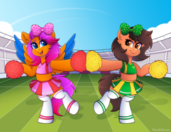 Size: 3800x2924 | Tagged: safe, artist:madelinne, imported from derpibooru, oc, oc only, pegasus, bow, cheerleader, cheerleader outfit, clothes, clous, duo, pegasus oc, skirt, sky, socks, stadium, wings