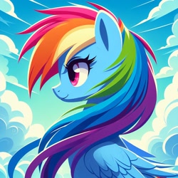 Size: 1024x1024 | Tagged: safe, imported from derpibooru, rainbow dash, pony, ai content, bust, cloud, female, mare, portrait, profile, prompter:meshari7, sky, solo