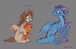 Size: 1893x1220 | Tagged: safe, artist:purple-blep, imported from derpibooru, oc, oc:summerskies, oc:suvi, dragon, original species, pegasus, plush pony, pony, excited, friends, nervous, plushie, sketch