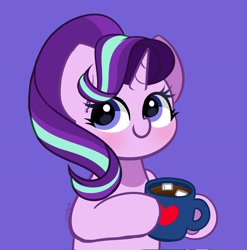 Size: 2024x2048 | Tagged: safe, artist:kittyrosie, imported from derpibooru, starlight glimmer, pony, unicorn, chocolate, food, hot chocolate, marshmallow, purple background, simple background