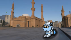 Size: 1192x670 | Tagged: safe, artist:foxfer64_yt, imported from derpibooru, oc, oc:silverstream (robot pony), original species, pony, robot, robot pony, wheelpone, cairo, city, day, egypt, happy, highway, looking up, photo, skyscraper, solo