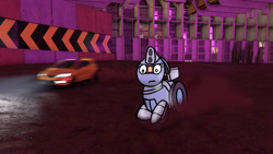 Size: 1192x670 | Tagged: safe, artist:foxfer64_yt, imported from derpibooru, oc, oc:silverstream (robot pony), original species, pony, robot, robot pony, wheelpone, car, cit, drifting, floppy ears, looking down, neon, photo, shocked, shocked expression, solo, tunnel