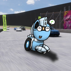 Size: 894x894 | Tagged: safe, artist:foxfer64_yt, imported from derpibooru, oc, oc only, oc:silverstream (robot pony), original species, pony, robot, robot pony, wheelpone, car, forza horizon, photo, race, racecar, smiling, solo, video game