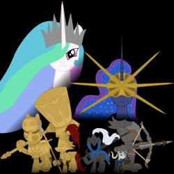 Size: 6000x6000 | Tagged: safe, artist:wallbeige, princess celestia, princess luna, armor pony, earth pony, pegasus, unicorn, armor, artorias, artorias the abysswalker, bow (weapon), dark souls, dragon slayer ornstein, executioner smough, gwyn, gwyndolin, hammer, helmet, knight, lord's blade ciaran, ornstein, smough, spear, sword, weapon