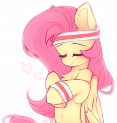 Size: 2212x2319 | Tagged: safe, artist:lerkfruitbat, imported from derpibooru, fluttershy, pegasus, pony, hurricane fluttershy, belly, belly button, blushing, chest fluff, cute, daaaaaaaaaaaw, eyebrows, eyes closed, female, g4, high res, mare, shyabetes, signature, simple background, smiling, solo, sweatband, white background, wings