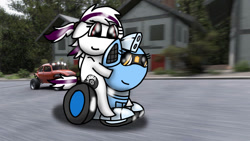 Size: 1192x670 | Tagged: safe, artist:foxfer64_yt, imported from derpibooru, oc, oc only, oc:sakura (fl), oc:silverstream (robot pony), original species, pegasus, pony, robot, robot pony, wheelpone, buggy, car, duo, photo, riding, riding a pony, village, volkswagen beetle