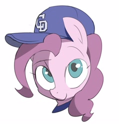 Size: 2186x2287 | Tagged: safe, artist:baigak, imported from derpibooru, pinkie pie, earth pony, pony, baseball cap, bust, cap, female, hat, looking at you, mare, simple background, smiling, smiling at you, solo, white background