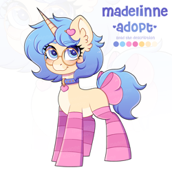 Size: 2048x2048 | Tagged: safe, artist:madelinne, imported from derpibooru, oc, oc only, unicorn, adoptable, adoptable open, adoption, bow, clothes, female, glasses, horn, mare, socks, unicorn oc