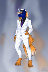 Size: 1080x1620 | Tagged: safe, artist:scarlet-spectrum, imported from derpibooru, oc, oc only, oc:venomous stray, anthro, pony, unicorn, clothes, curved horn, hand on hip, hat, horn, male, solo, suit, unshorn fetlocks